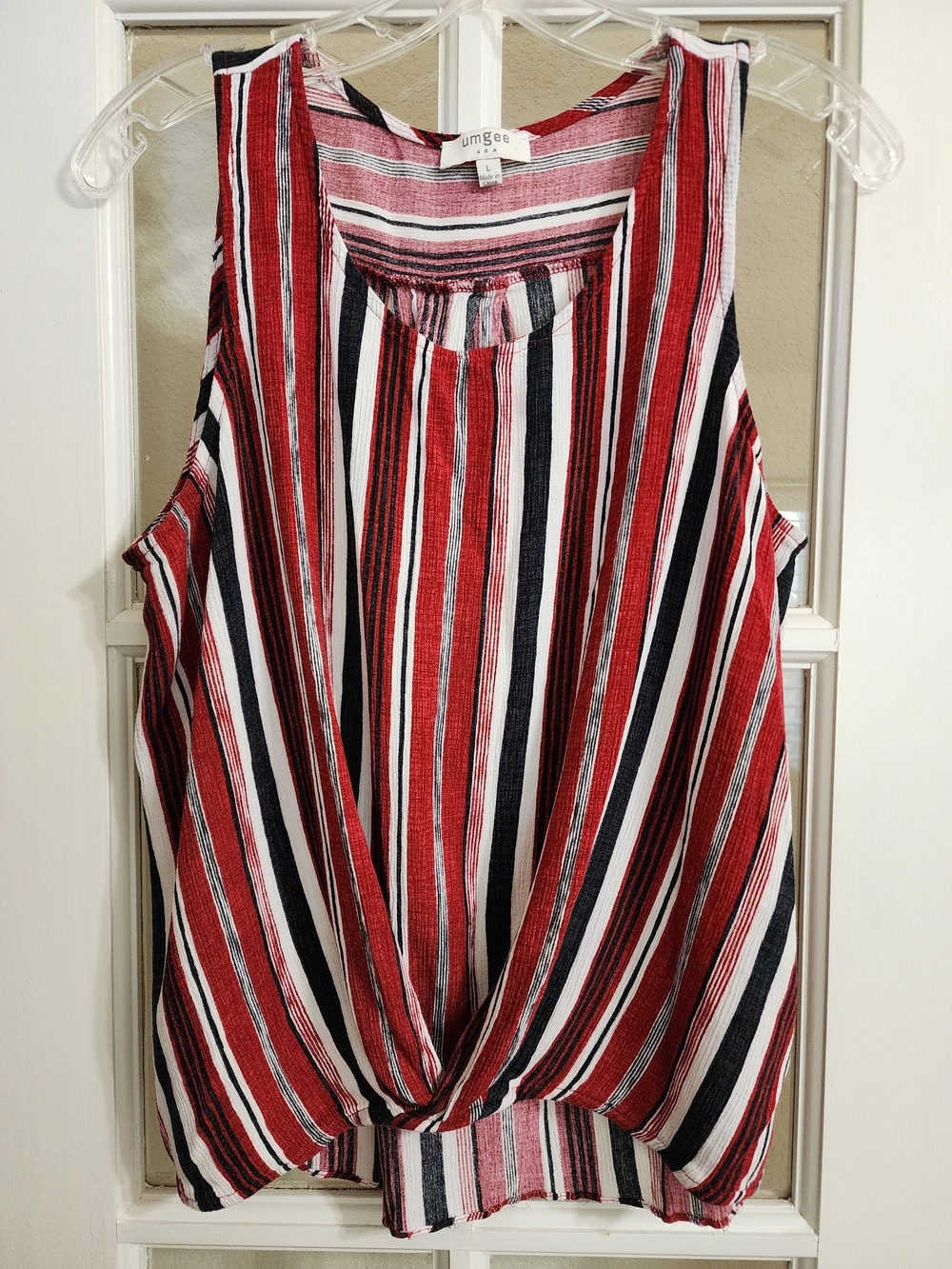 Umgee A4640 Red Striped Sleeveless Surplice Faux Wrap Rayon Tank Top L